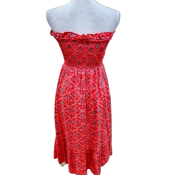Naudic coral strapless smocked midi Dress floral front pockets metallic size xs - Picture 5 of 10
